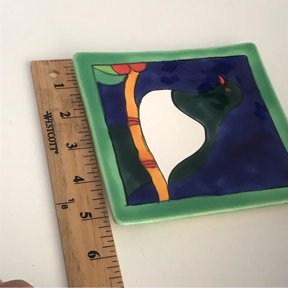 Hand Painted Bird on a Branch 5" Ceramic Square Trinket Dish Signed - Picture 7 of 8